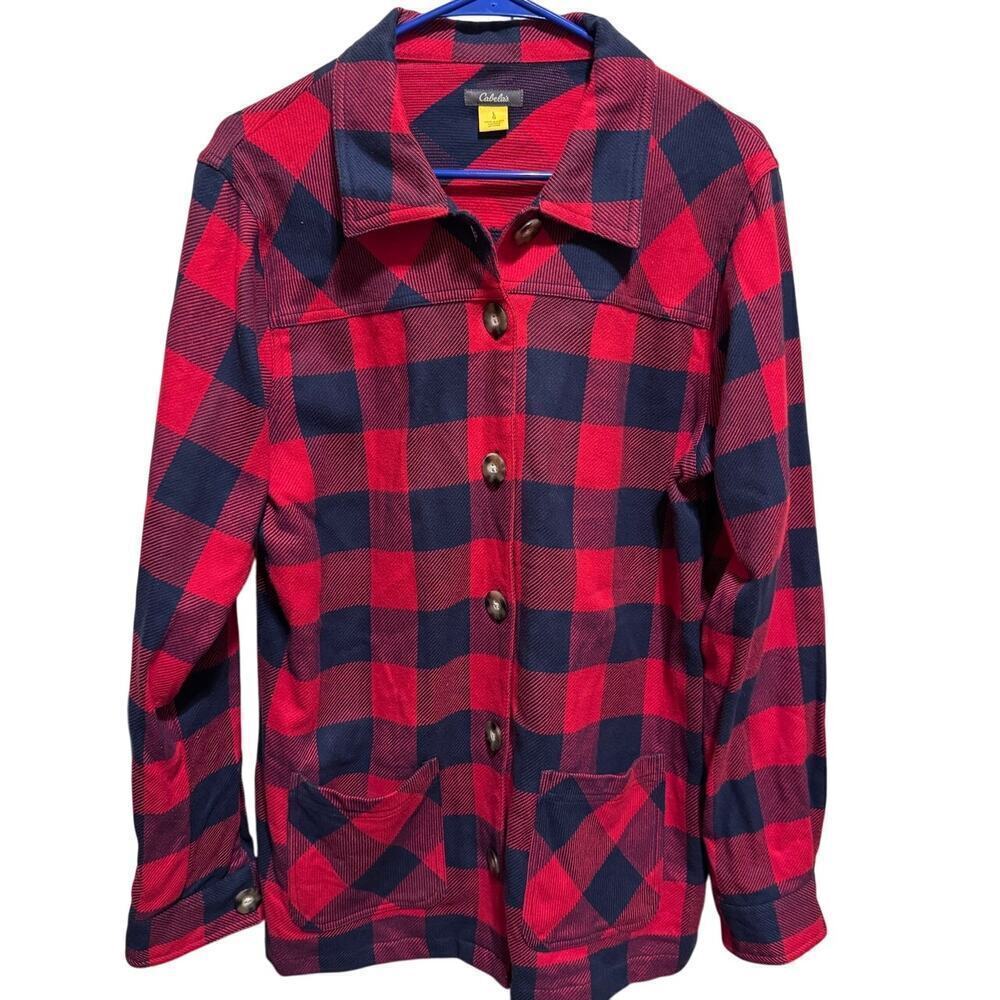 Cabela's Women's Flannel Buffalo Red Black Plaid Button Up Jacket Shirt Sz L